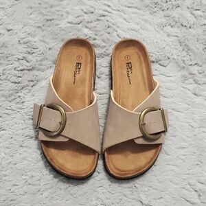 Tan buckle comfy slides